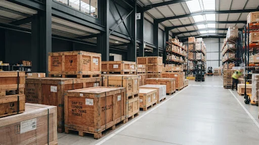 Almacén logístico industrial con embalajes y cajas de madera