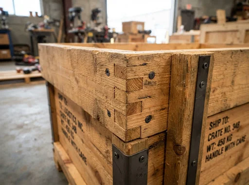 Detalle de unión y resistencia en caja de madera industrial